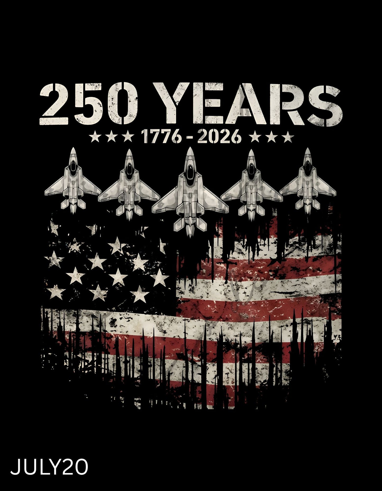 250 Years 1776–2026 Fighter Jet Formation Flag